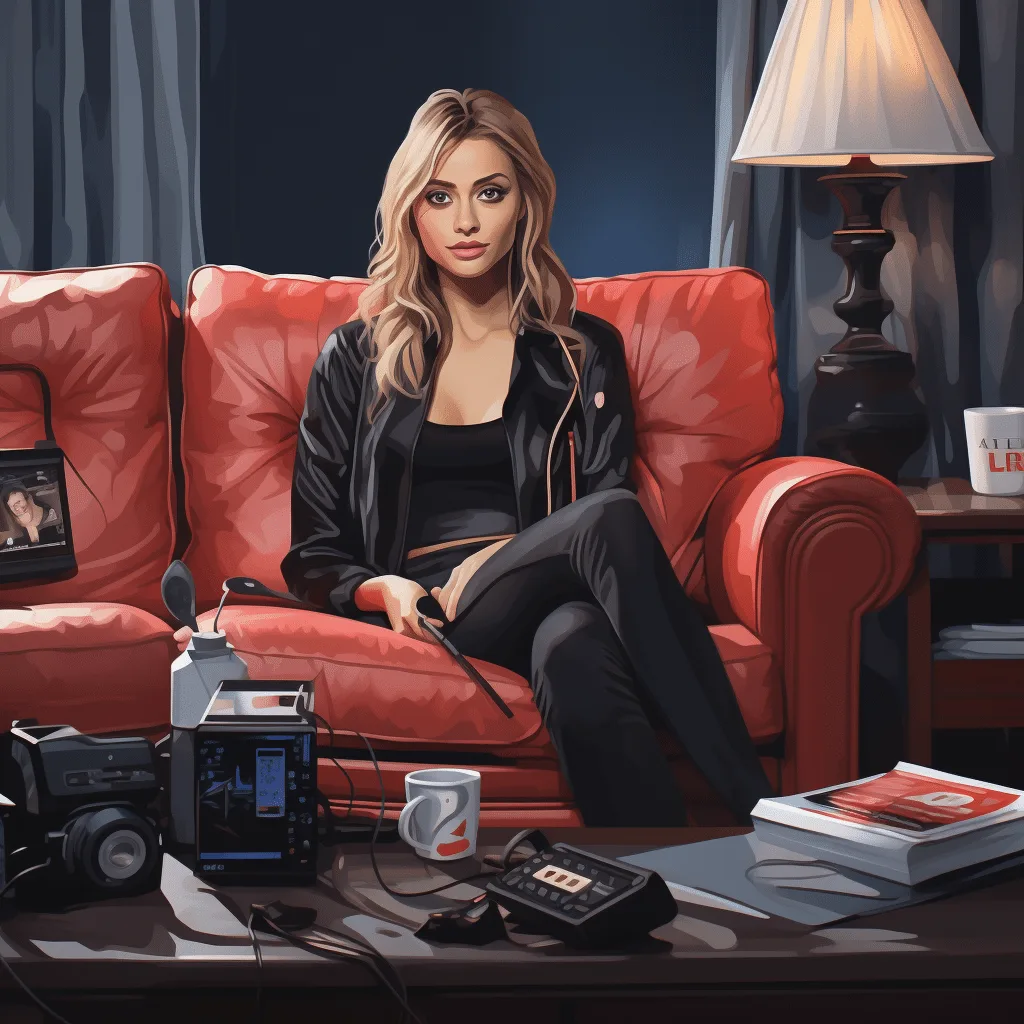 Best Nervous Female Supermodel Sits on a Sofa Next to a Camcorder