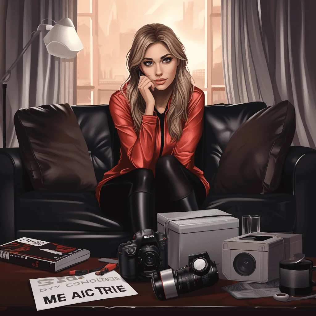 Best Nervous Female Supermodel Sits on a Sofa Next to a Camcorders