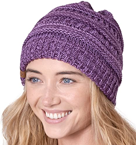 Tough Headwear Womens Beanie Winter Hat Warm Chunky Cable Knit Hats Soft Stretch Thick Cute Knitted Cap for Cold Weather Purple