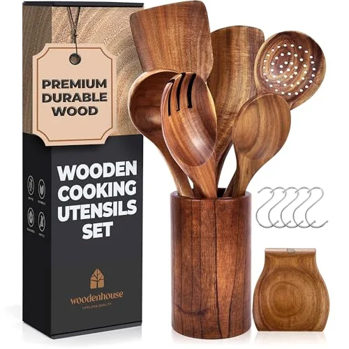 Wooden Spoons for Cooking Wooden Utensils for Cooking Set with Holder, Spoon Rest & Hanging Hooks, Teak Wood Nonstick Kitchen Cookware Durable Set of pcs by Woodenhouse