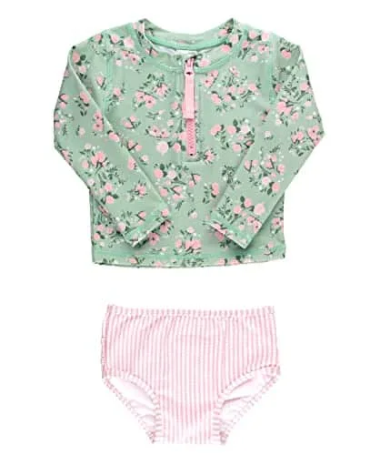 RuffleButts Long Sleeve Zipper Rash Guard Piece Tea Roses T